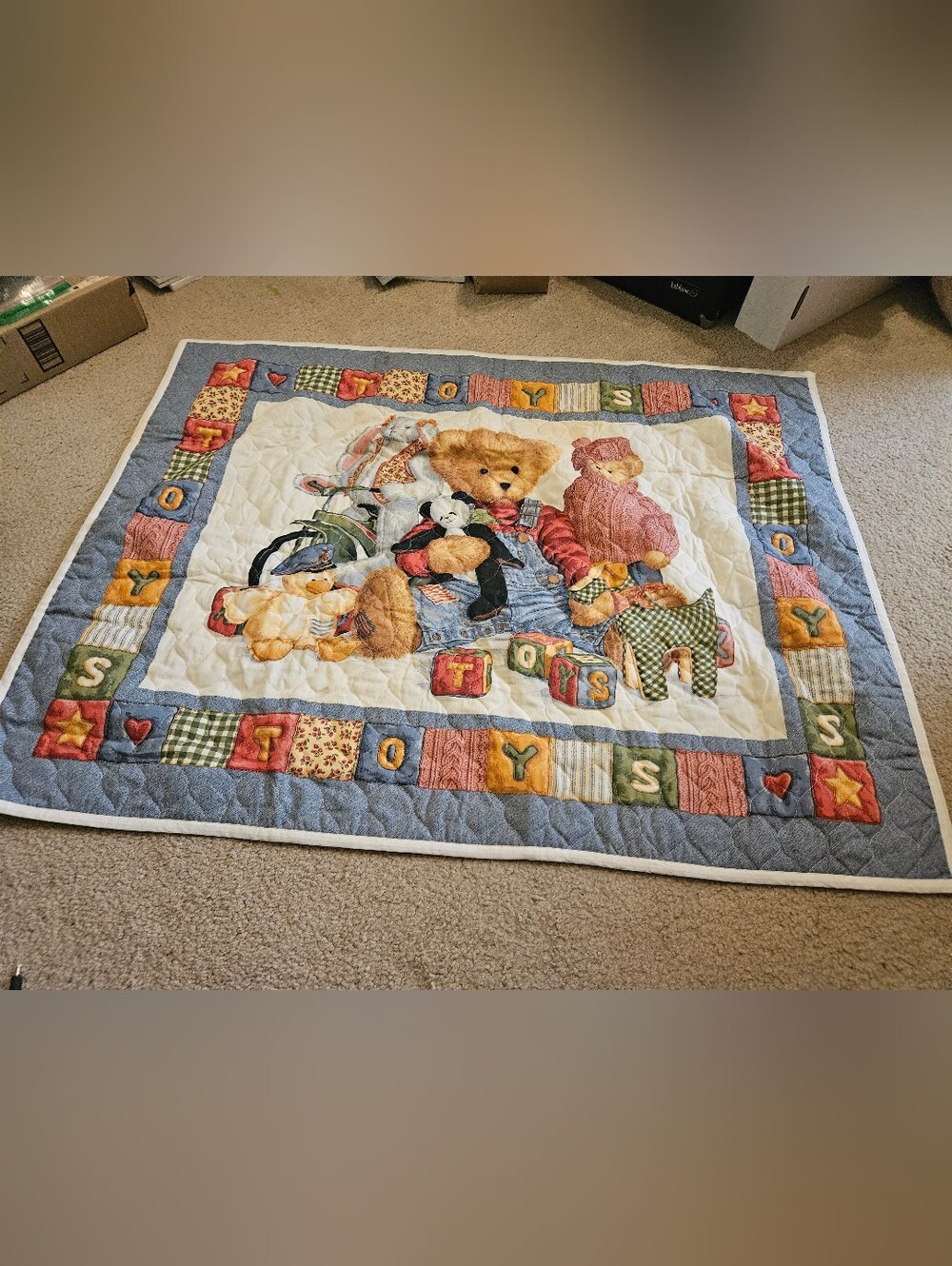VTG Blue Jean Teddy Bear Denim Toys Blocks Blanket Quilt Wall Hanging 34x43 Used